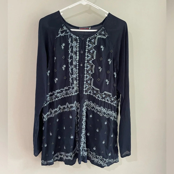 Johnny Was Blue Floral Embroidered Long Sleeve Tunic Blouse - Size Small - Picture 3 of 8